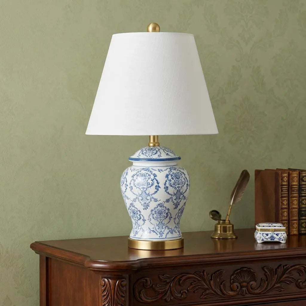 22" White Blue And Gold Urn Table Lamp With Empire Shade Homeroots Lighting