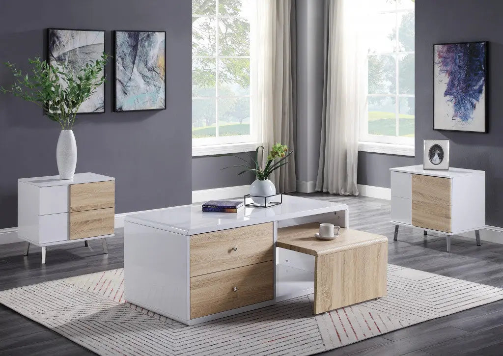 22" White High Gloss Manufactured Wood Rectangular End Table With Two Drawers Homeroots Living Room