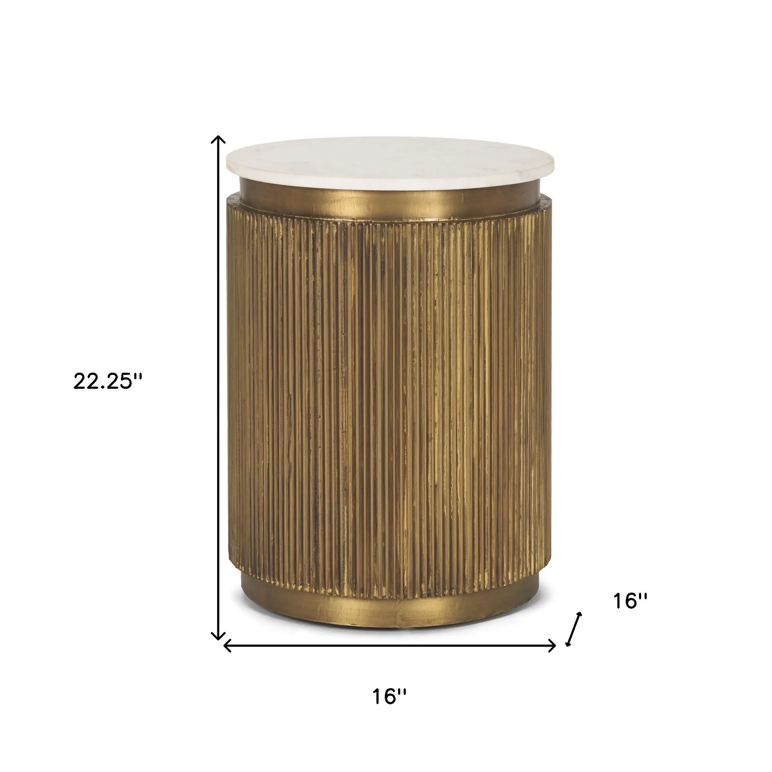 22" White and Gold Stone and Brass Round Block End Table Homeroots Living Room