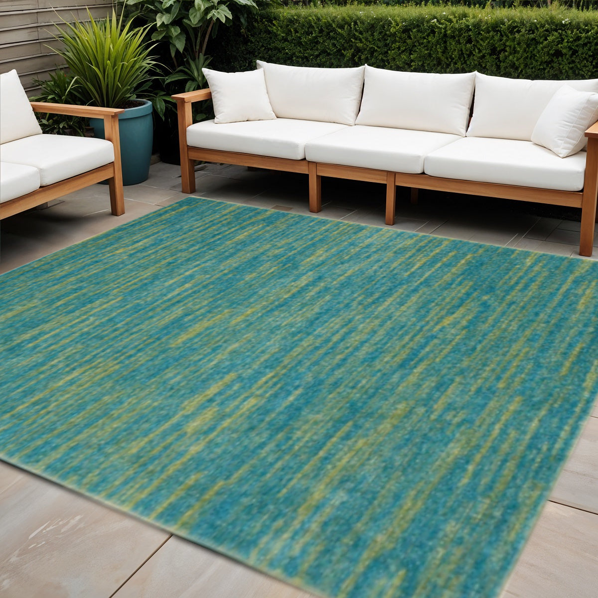 5' X 5' Blue And Green Square Indoor Outdoor Area Rug - GreatEagleInc
