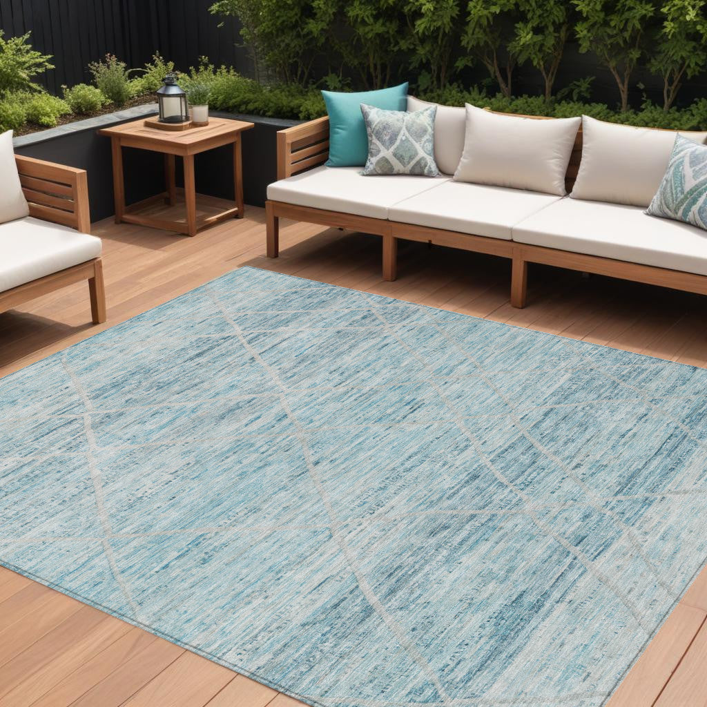 10' X 14' Teal Blue And Ivory Trellis Washable Indoor Outdoor Area Rug - GreatEagleInc