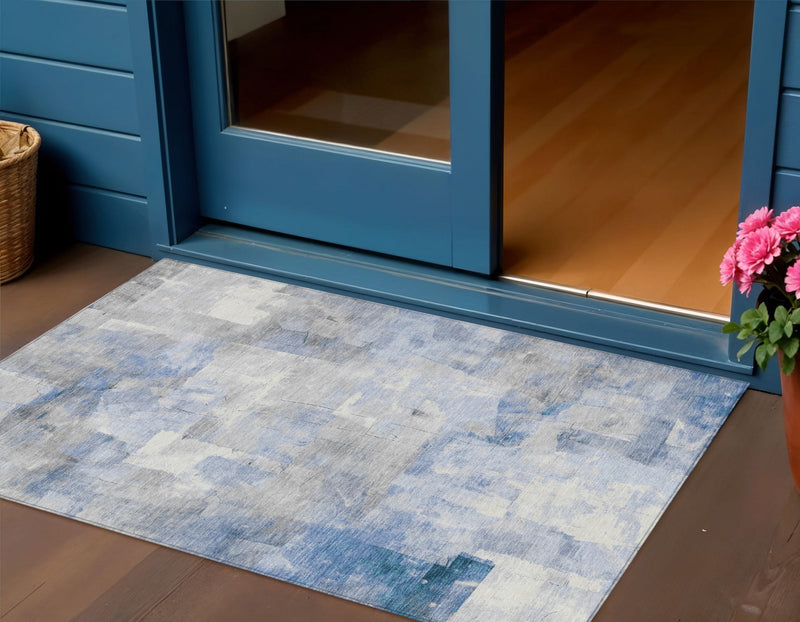 3' X 5' Denim Blue Gray And Ivory Abstract Washable Indoor Outdoor Area Rug - GreatEagleInc