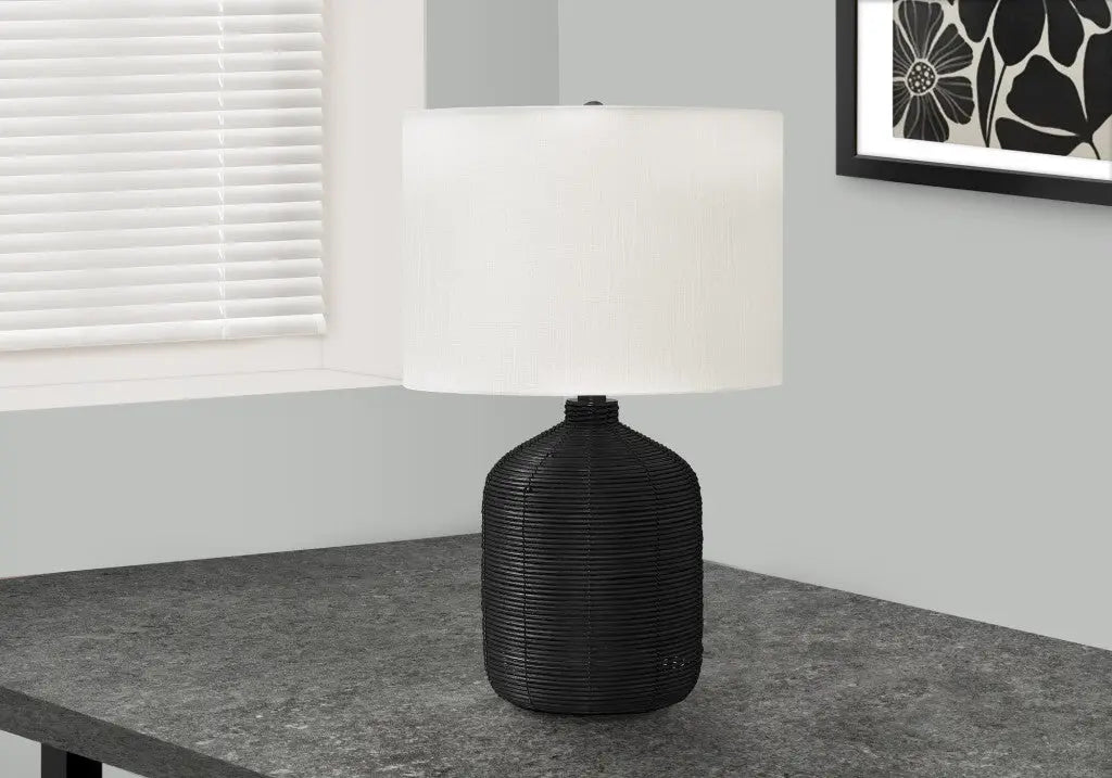 23" Black Rattan Round Table Lamp With Ivory Drum Shade Homeroots Lighting