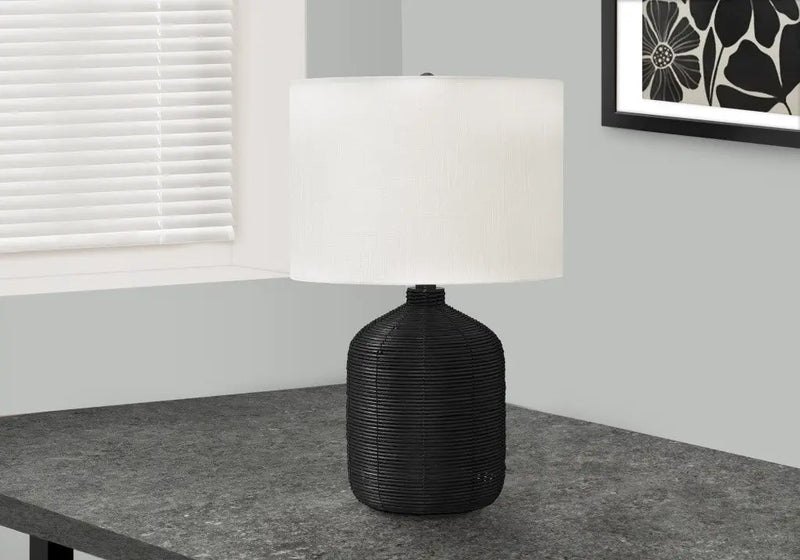23" Black Rattan Round Table Lamp With Ivory Drum Shade Homeroots Lighting