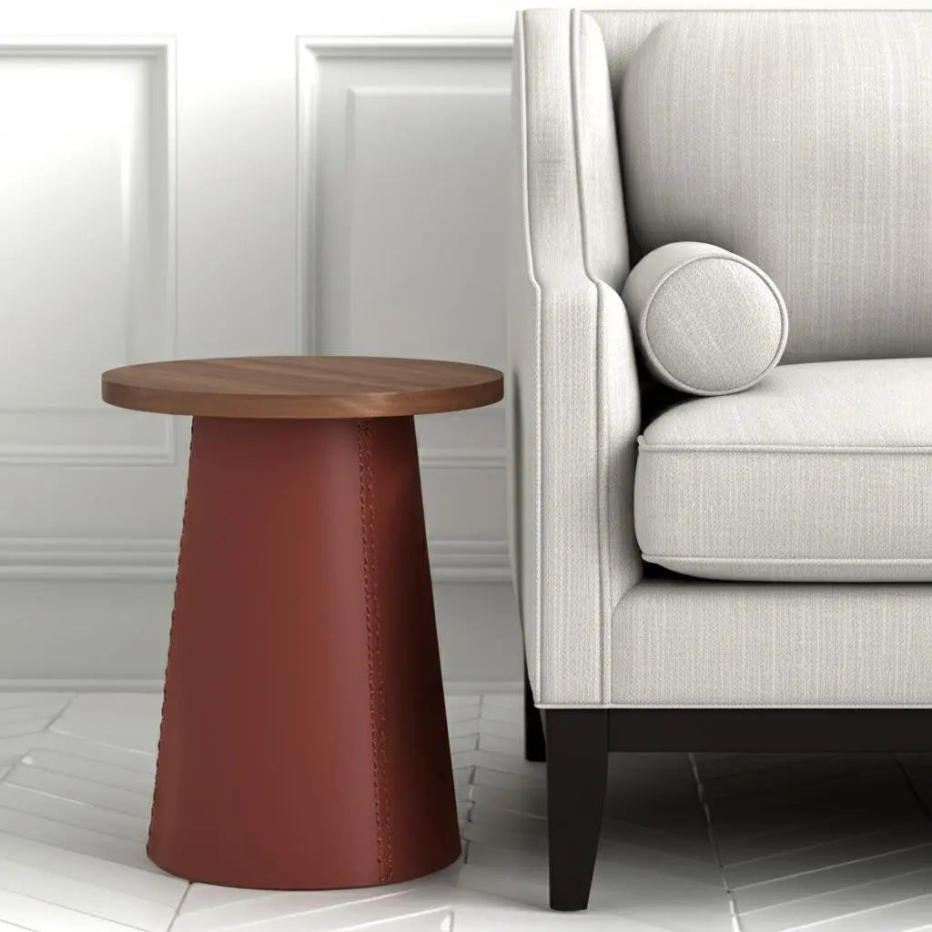 23" Brown Wood and Faux Leather Round Pedestal End Table Homeroots Living Room
