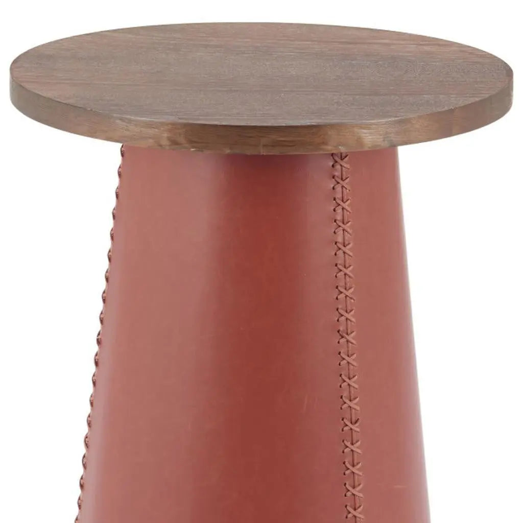 23" Brown Wood and Faux Leather Round Pedestal End Table Homeroots Living Room