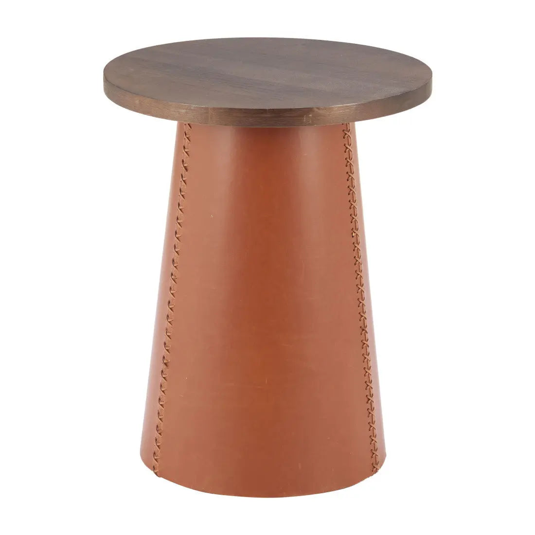 23" Brown Wood and Faux Leather Round Pedestal End Table Homeroots Living Room