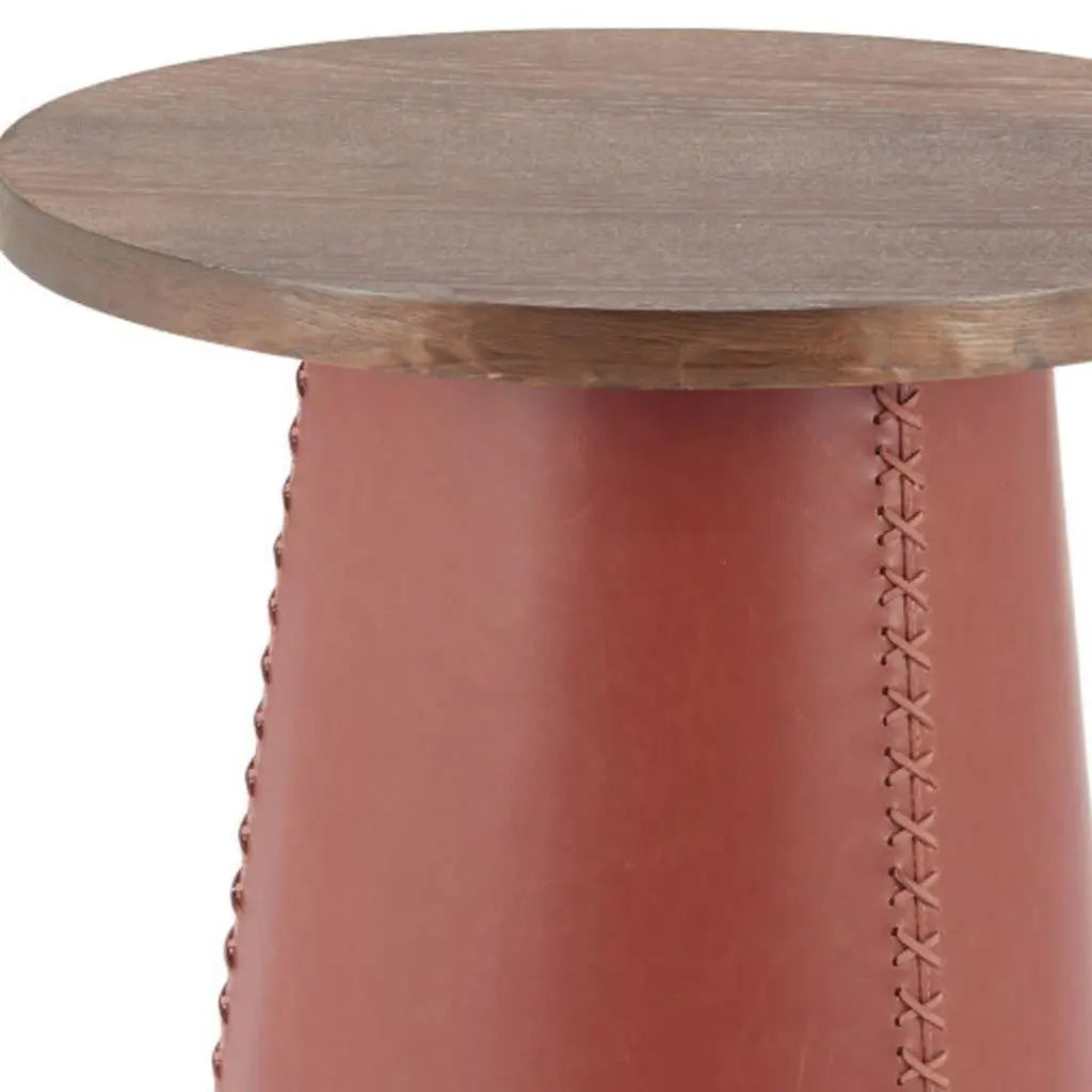 23" Brown Wood and Faux Leather Round Pedestal End Table Homeroots Living Room