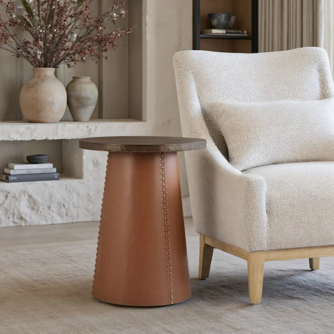 23" Brown Wood and Faux Leather Round Pedestal End Table Homeroots Living Room