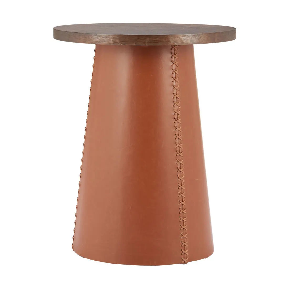 23" Brown Wood and Faux Leather Round Pedestal End Table Homeroots Living Room