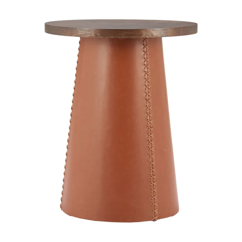 23" Brown Wood and Faux Leather Round Pedestal End Table Homeroots Living Room