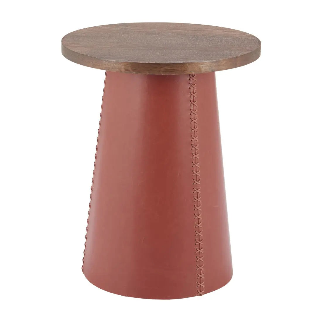 23" Brown Wood and Faux Leather Round Pedestal End Table Homeroots Living Room