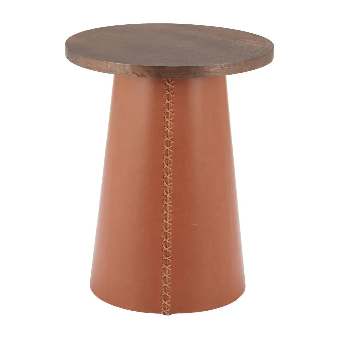 23" Brown Wood and Faux Leather Round Pedestal End Table Homeroots Living Room