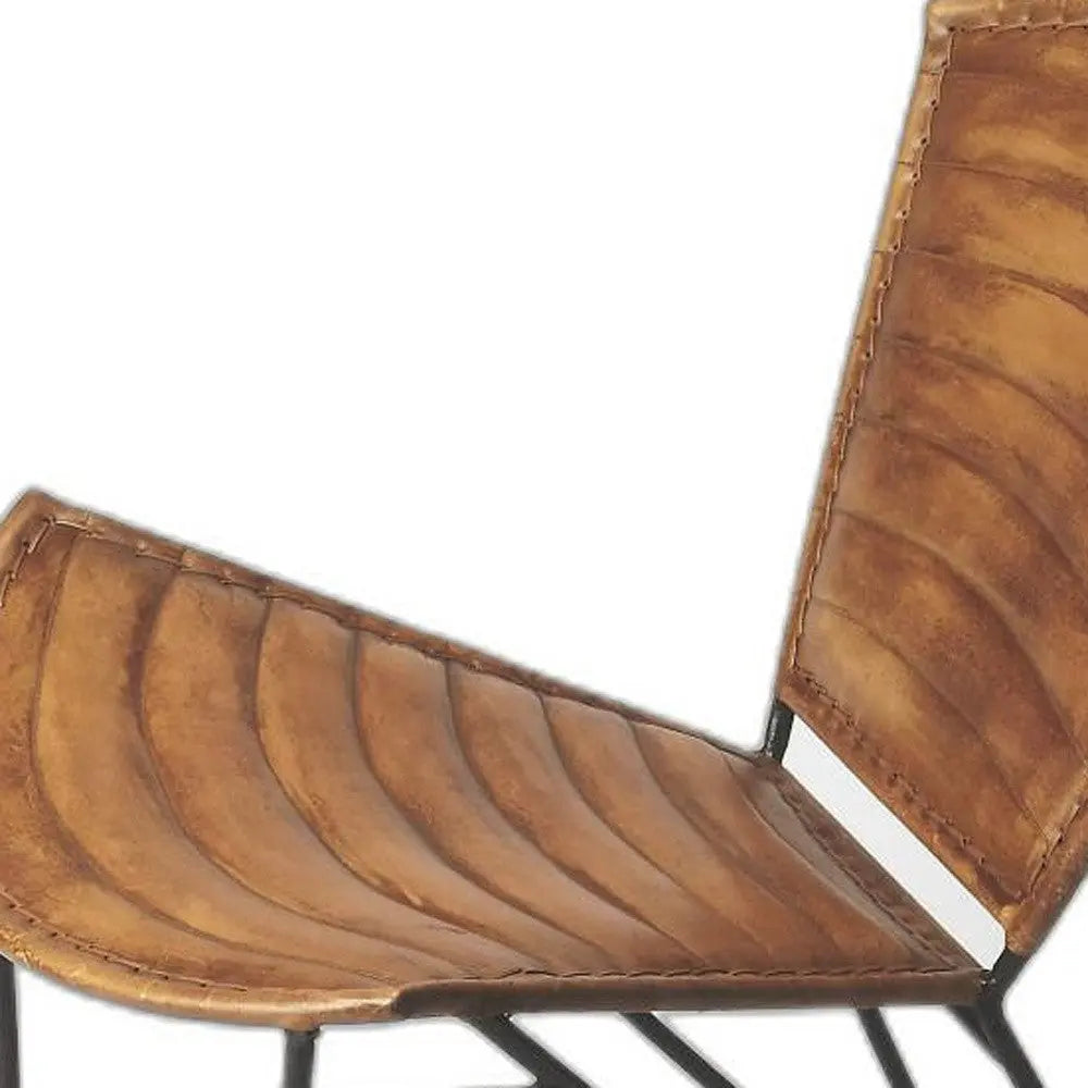 Brown leather dining chair with a slatted design and black metal legs, perfect for modern interiors.