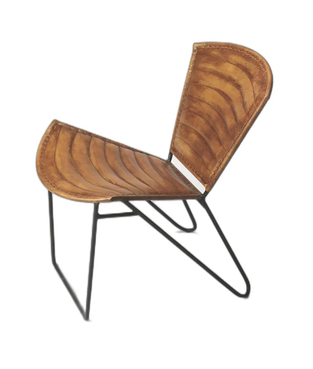 Vintage-inspired brown leather lounge chair with sleek black metal legs, perfect for a modern home decor.