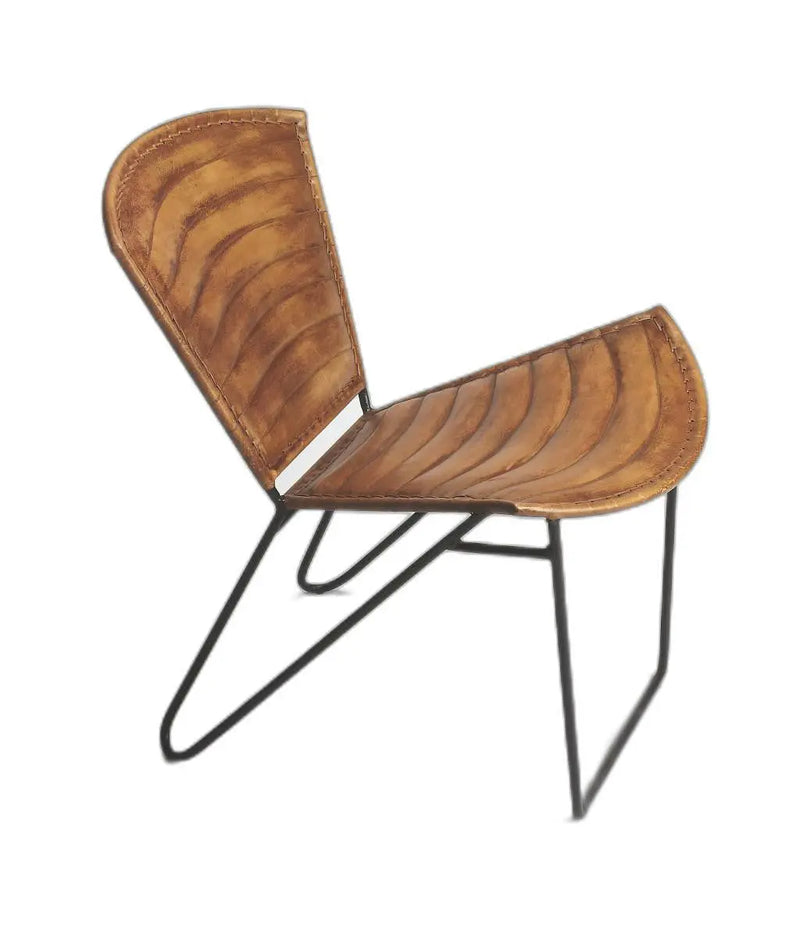 Stylish brown leather lounge chair with sleek black metal frame, featuring a unique angular design.