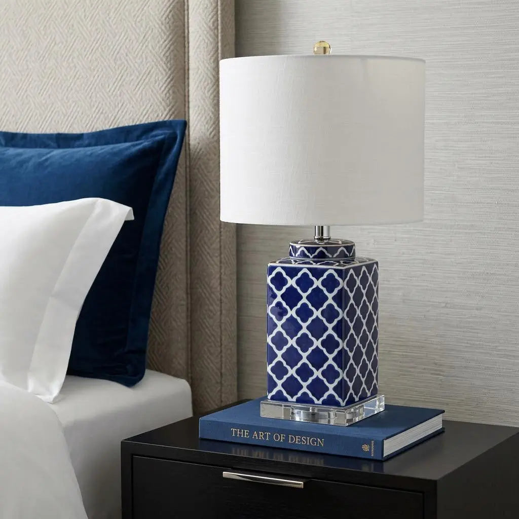 23" Clear Navy Blue And White Geometric Table Lamp With Drum Shade Homeroots Lighting