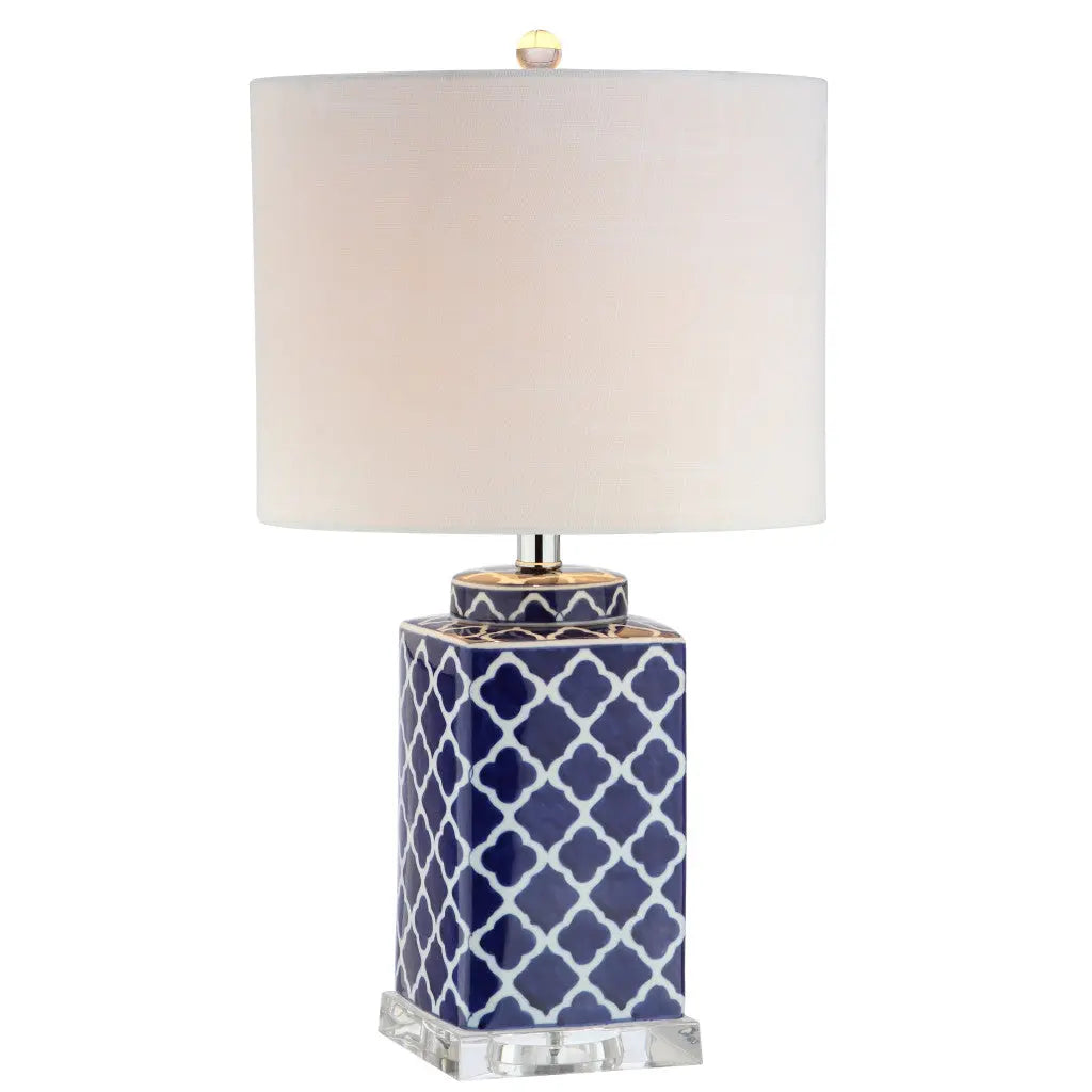 23" Clear Navy Blue And White Geometric Table Lamp With Drum Shade Homeroots Lighting