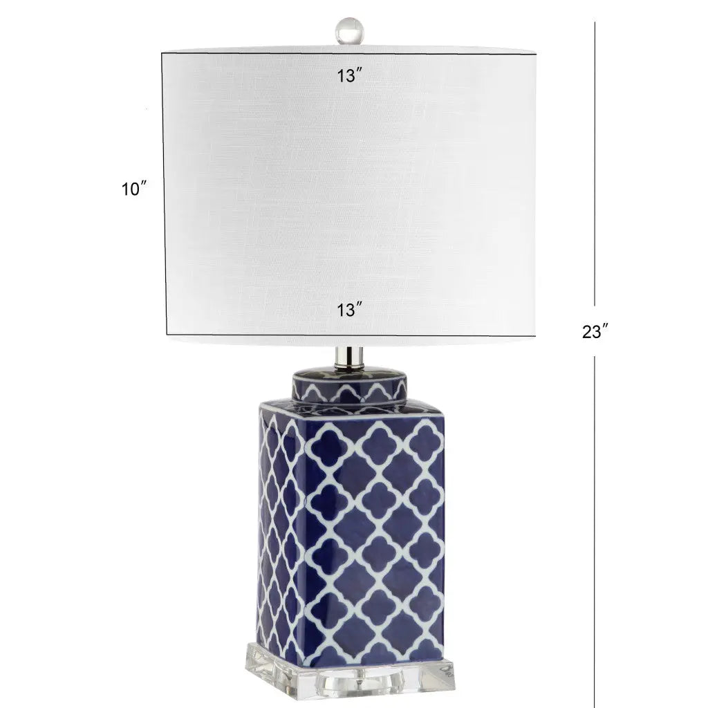 23" Clear Navy Blue And White Geometric Table Lamp With Drum Shade Homeroots Lighting
