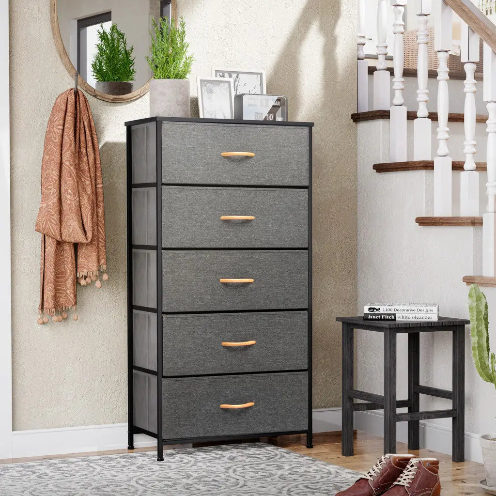 23" Gray and Black Steel and Fabric Five Drawer Chest - GreatEagleInc