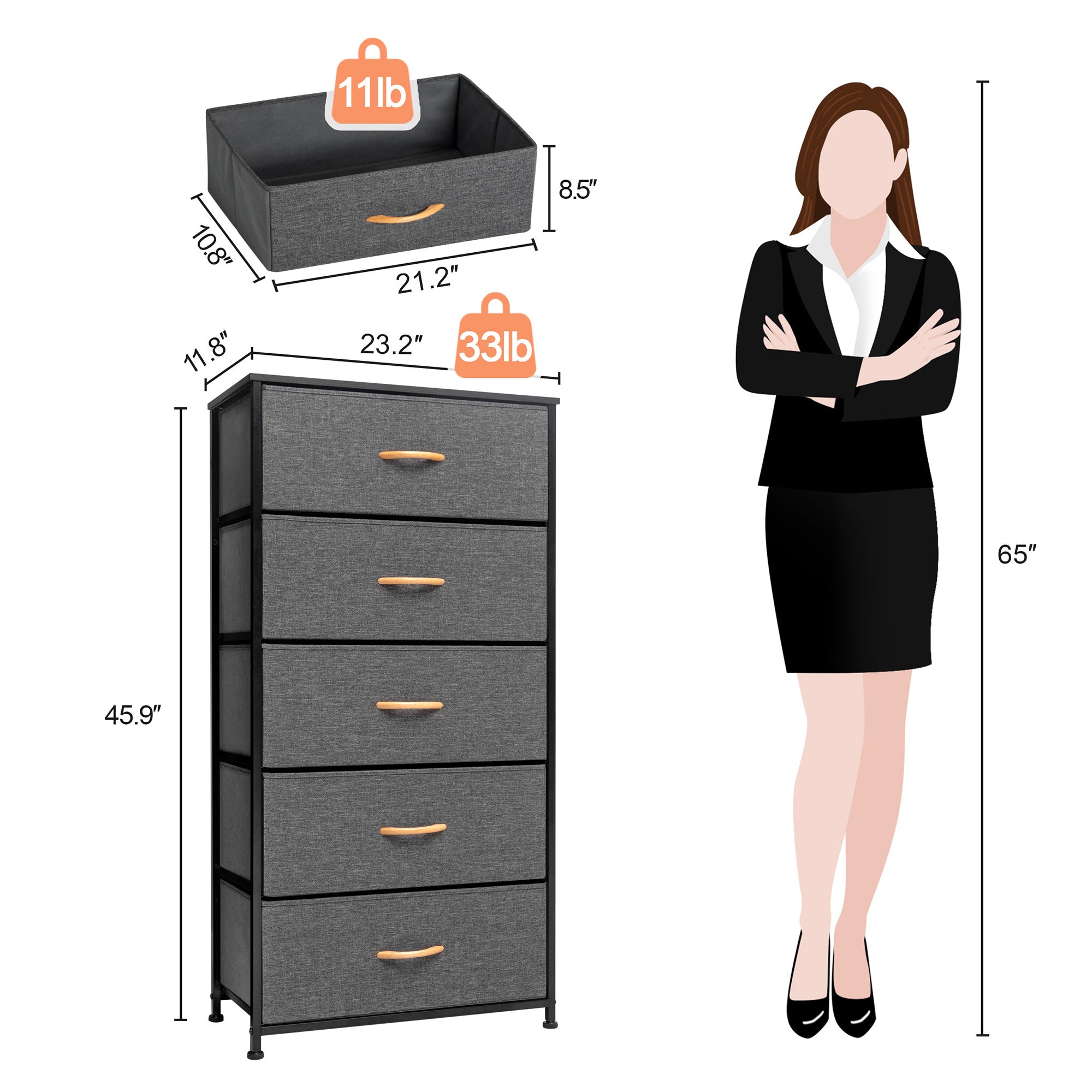 23" Gray and Black Steel and Fabric Five Drawer Chest - GreatEagleInc