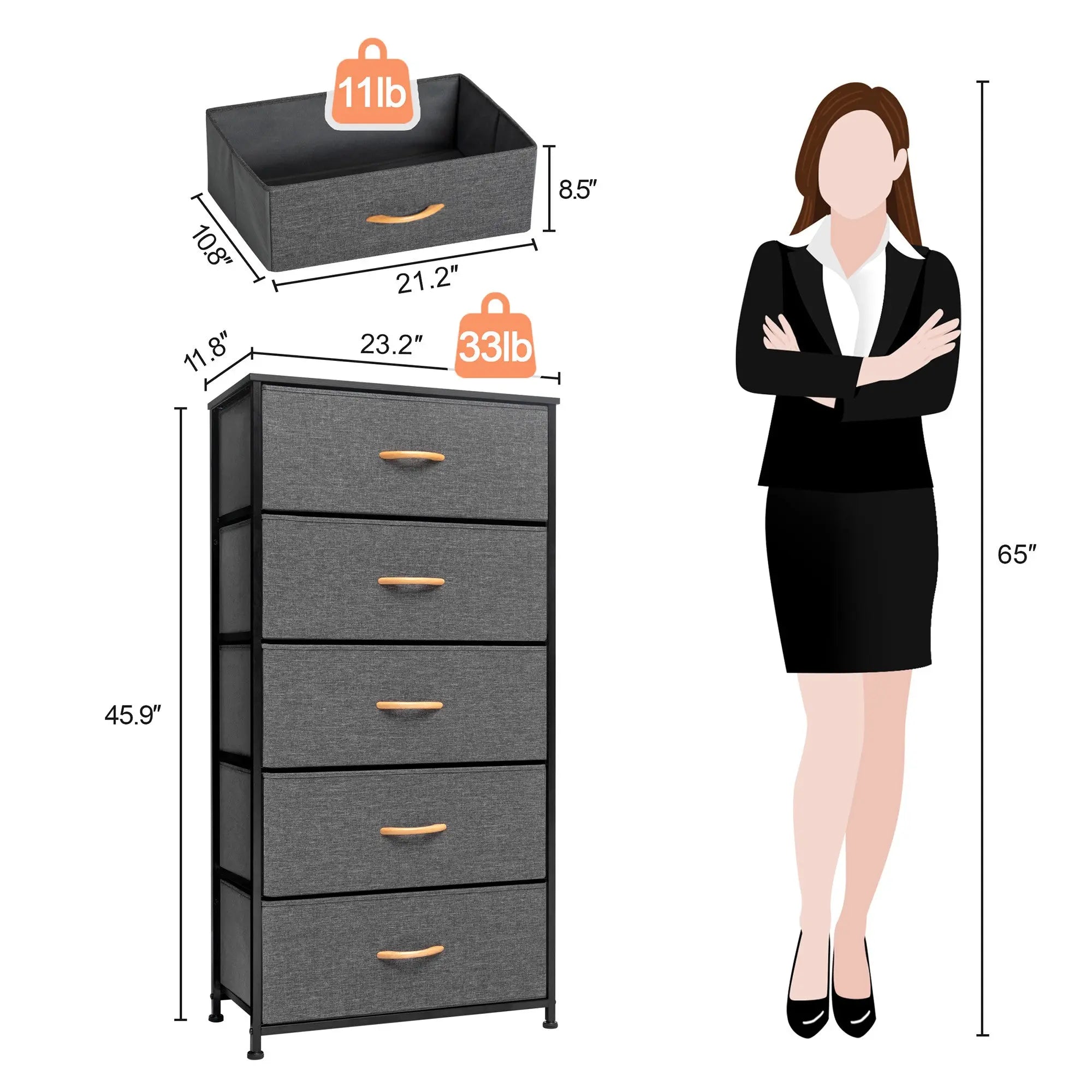 23" Gray and Black Steel and Fabric Five Drawer Chest - GreatEagleInc