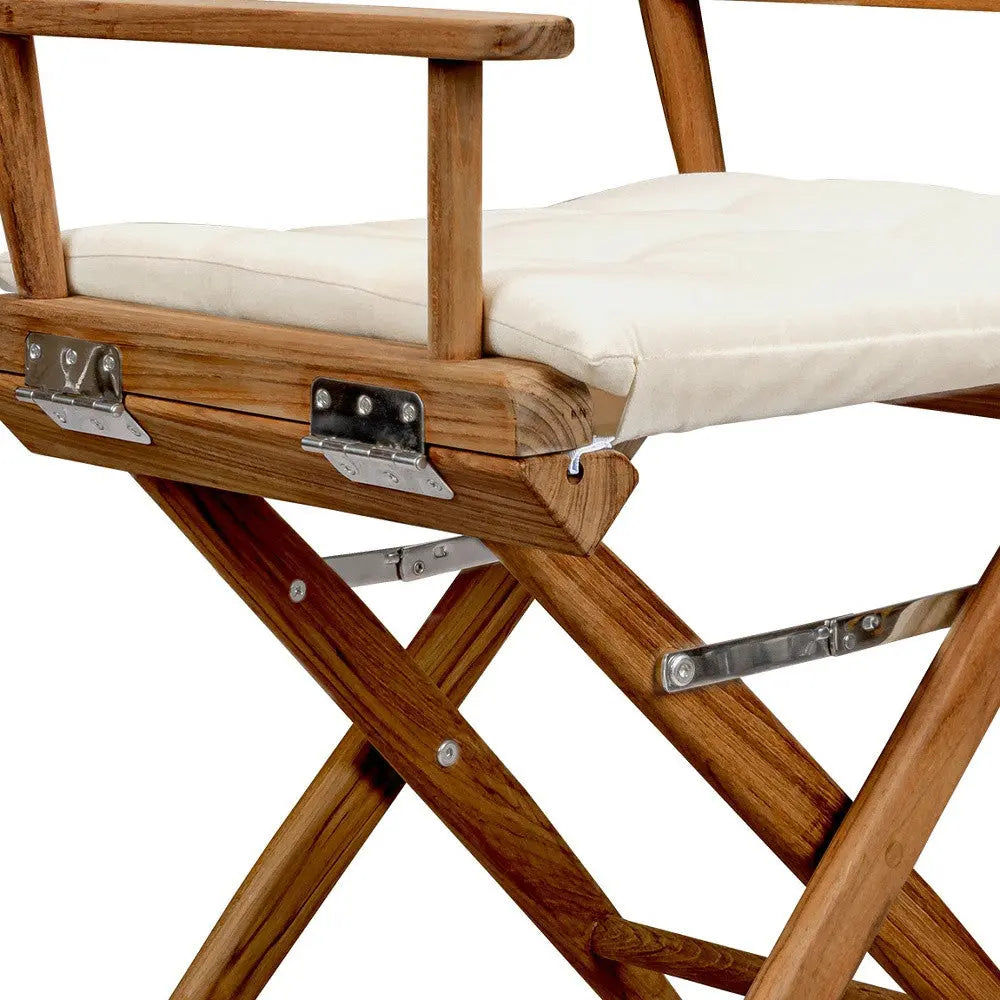 23" Natural Solid Wood Outdoor Folding Director Chair with Cream Cushion Homeroots Outdoor