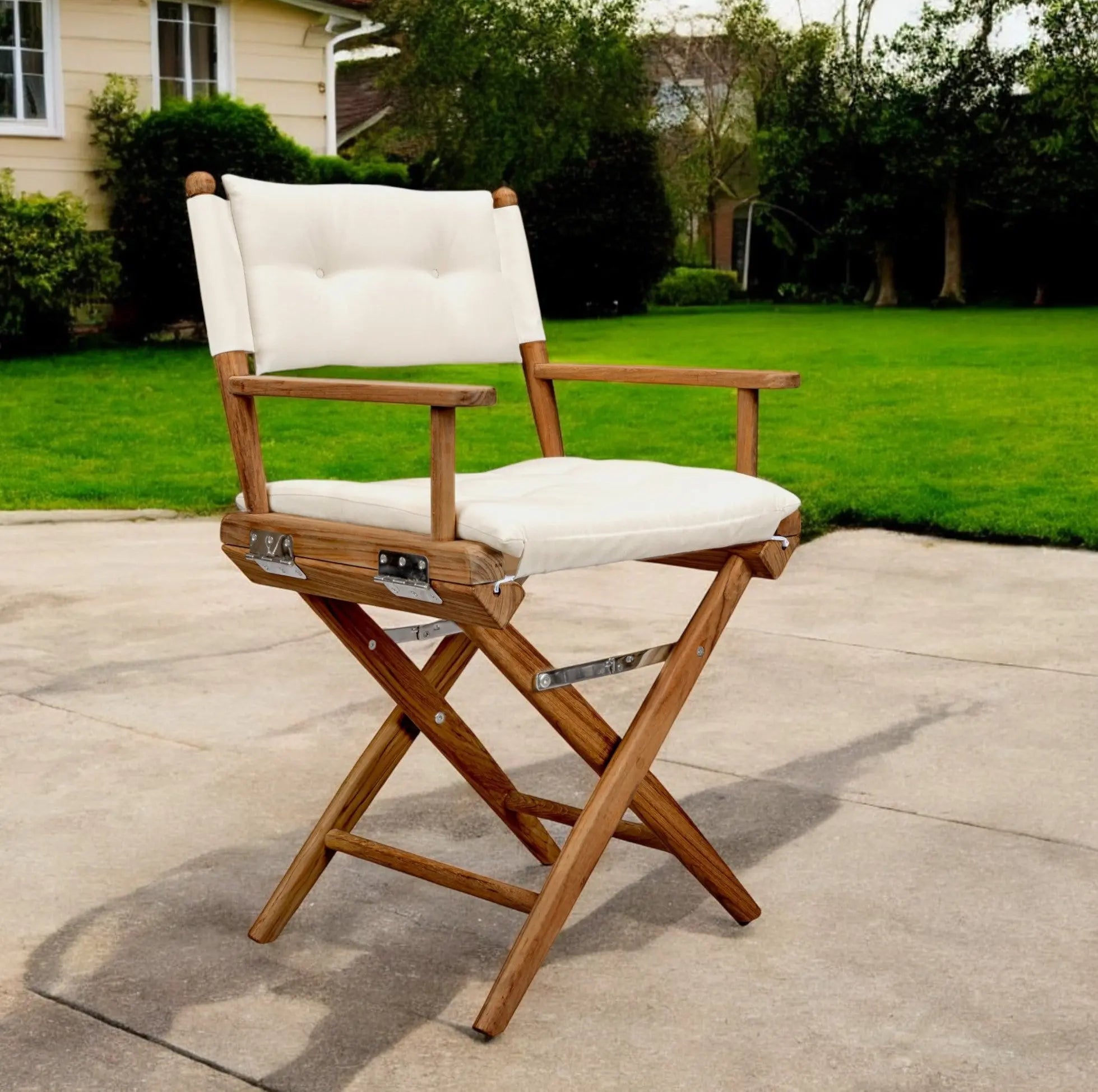 23" Natural Solid Wood Outdoor Folding Director Chair with Cream Cushion Homeroots Outdoor