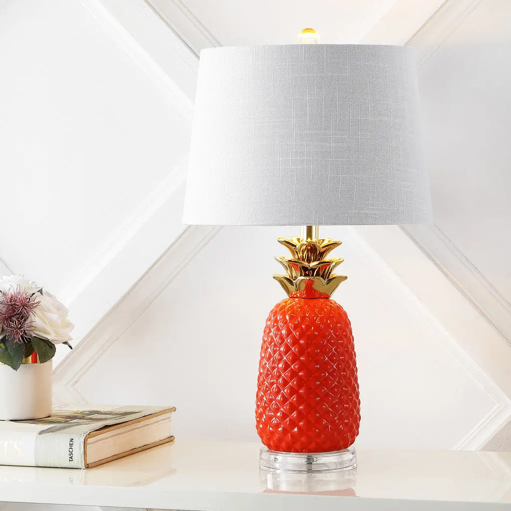 23" Orange Gold And Clear Ceramic And Acrylic Pineapple Table Lamp With Drum Shade Homeroots Lighting