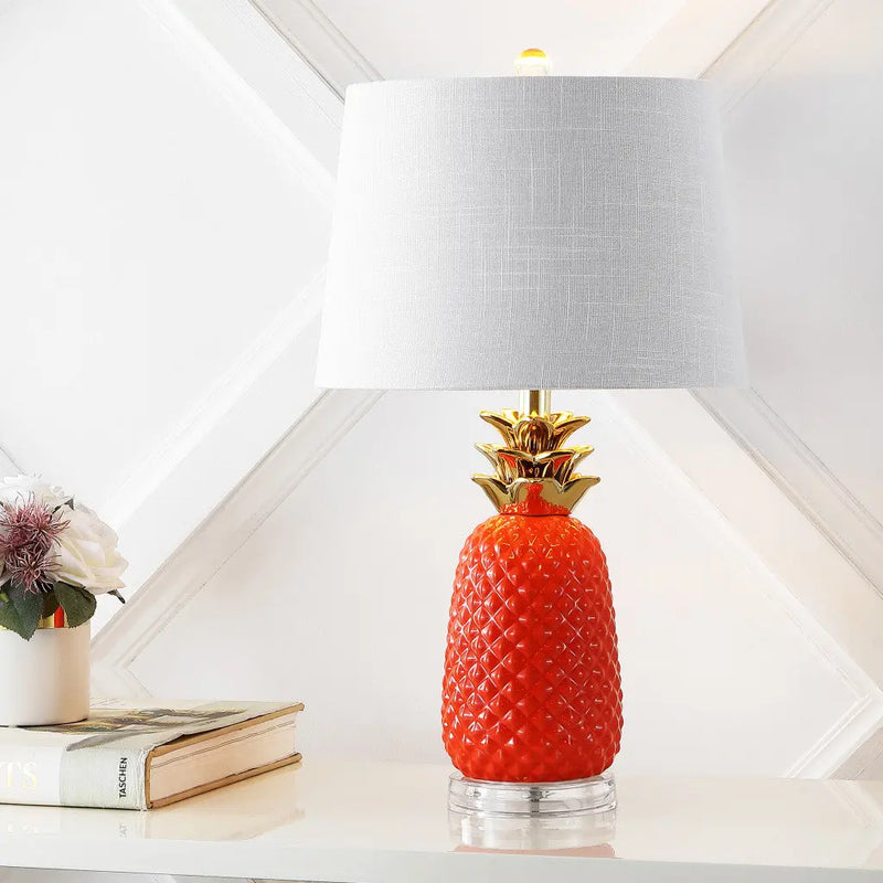 23" Orange Gold And Clear Ceramic And Acrylic Pineapple Table Lamp With Drum Shade Homeroots Lighting
