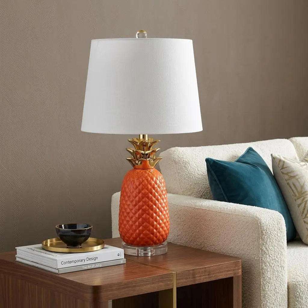 23" Orange Gold And Clear Ceramic And Acrylic Pineapple Table Lamp With Drum Shade Homeroots Lighting
