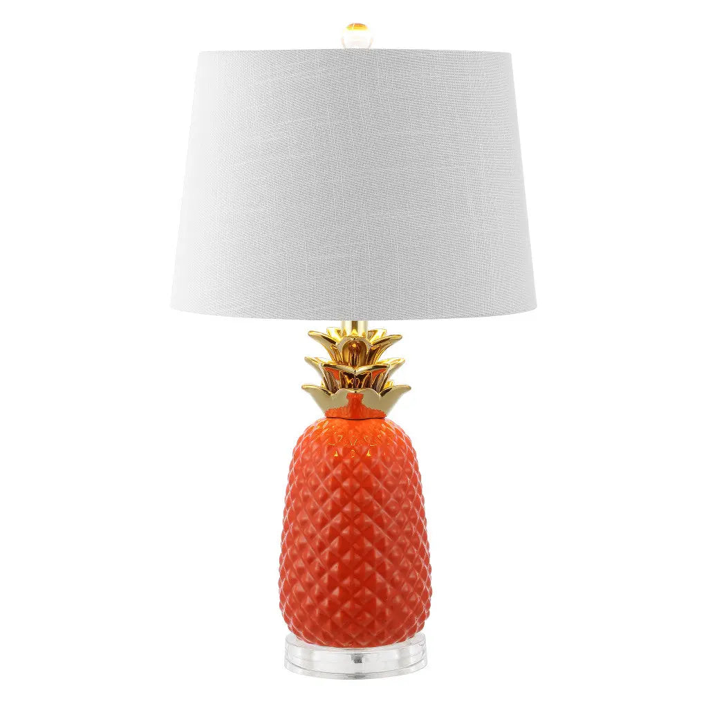 23" Orange Gold And Clear Ceramic And Acrylic Pineapple Table Lamp With Drum Shade Homeroots Lighting