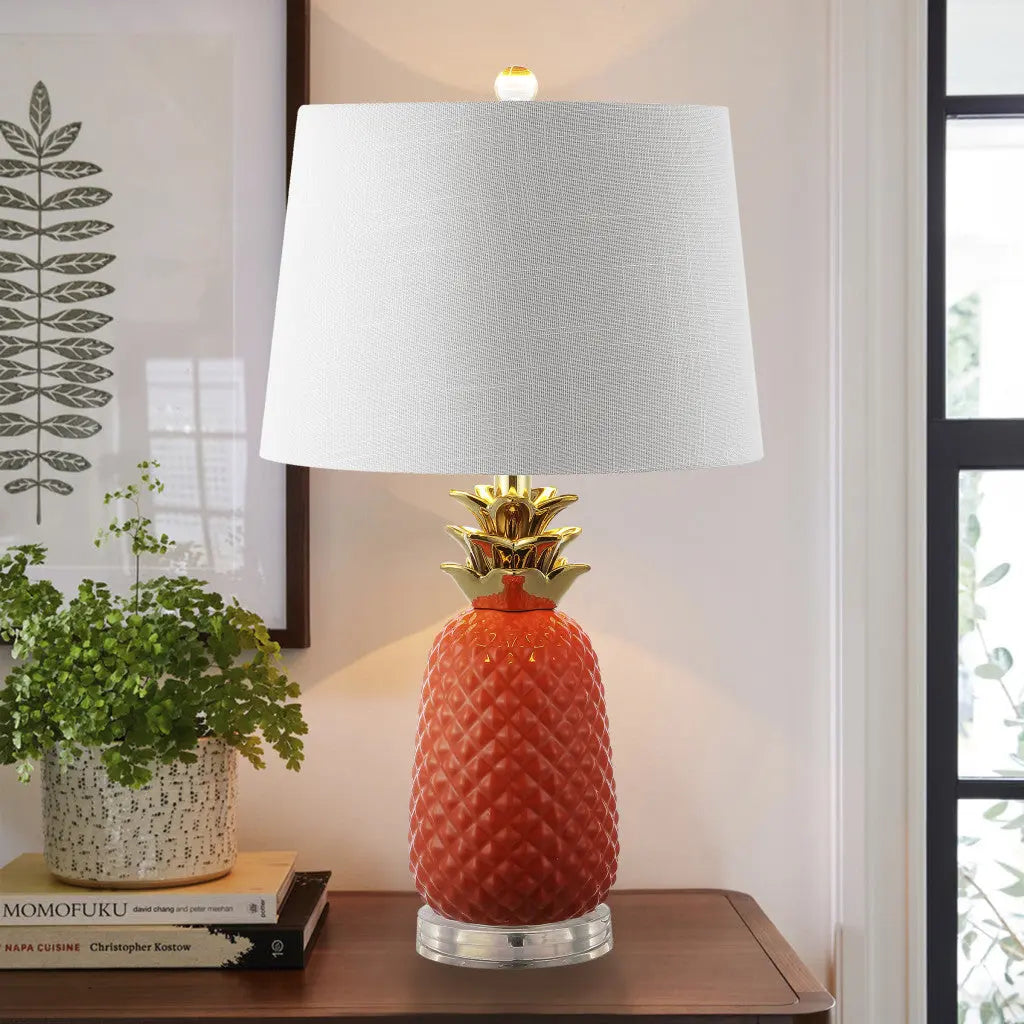 23" Orange Gold And Clear Ceramic And Acrylic Pineapple Table Lamp With Drum Shade Homeroots Lighting