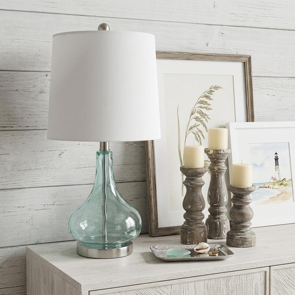 23" Teal Blue Translucent Glass Gourd Table Lamp With Drum Shade Homeroots Lighting