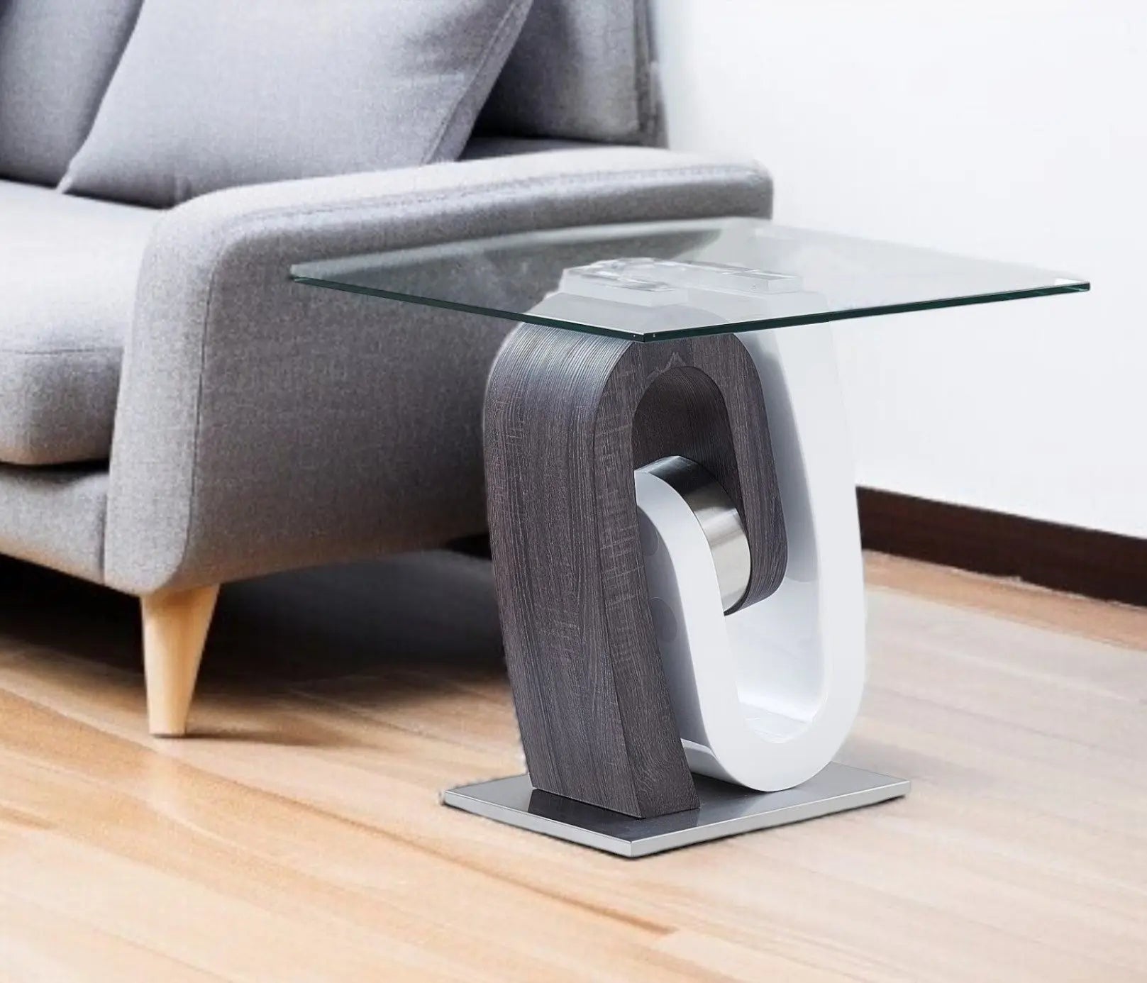 23" White Gray And Clear Glass and Wood Square Pedestal End Table Homeroots Living Room