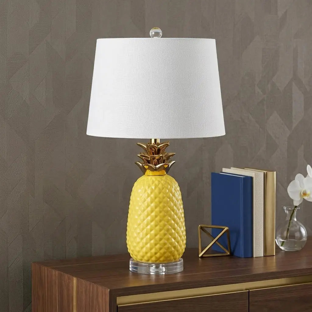 23" Yellow Gold And Clear Ceramic And Acrylic Pineapple Table Lamp With Globe Shade Homeroots Lighting