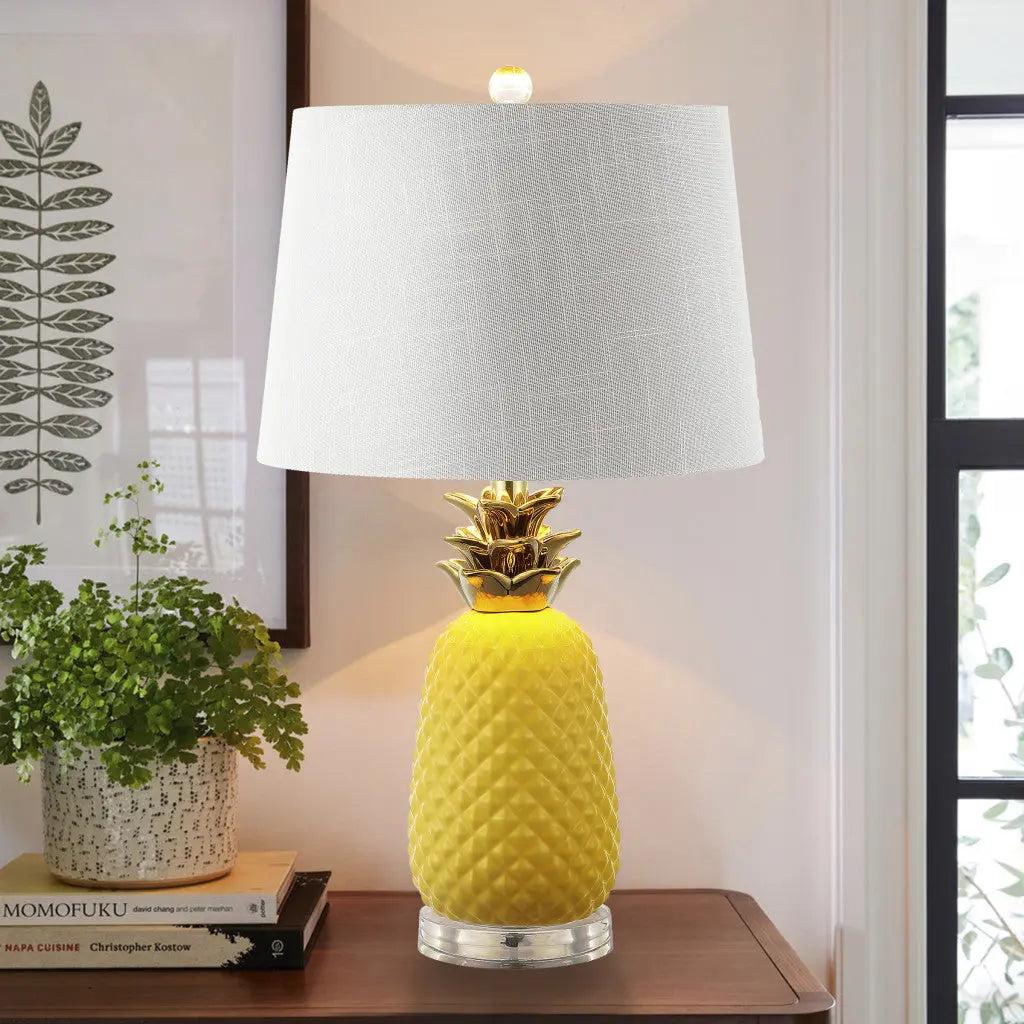 23" Yellow Gold And Clear Ceramic And Acrylic Pineapple Table Lamp With Globe Shade Homeroots Lighting