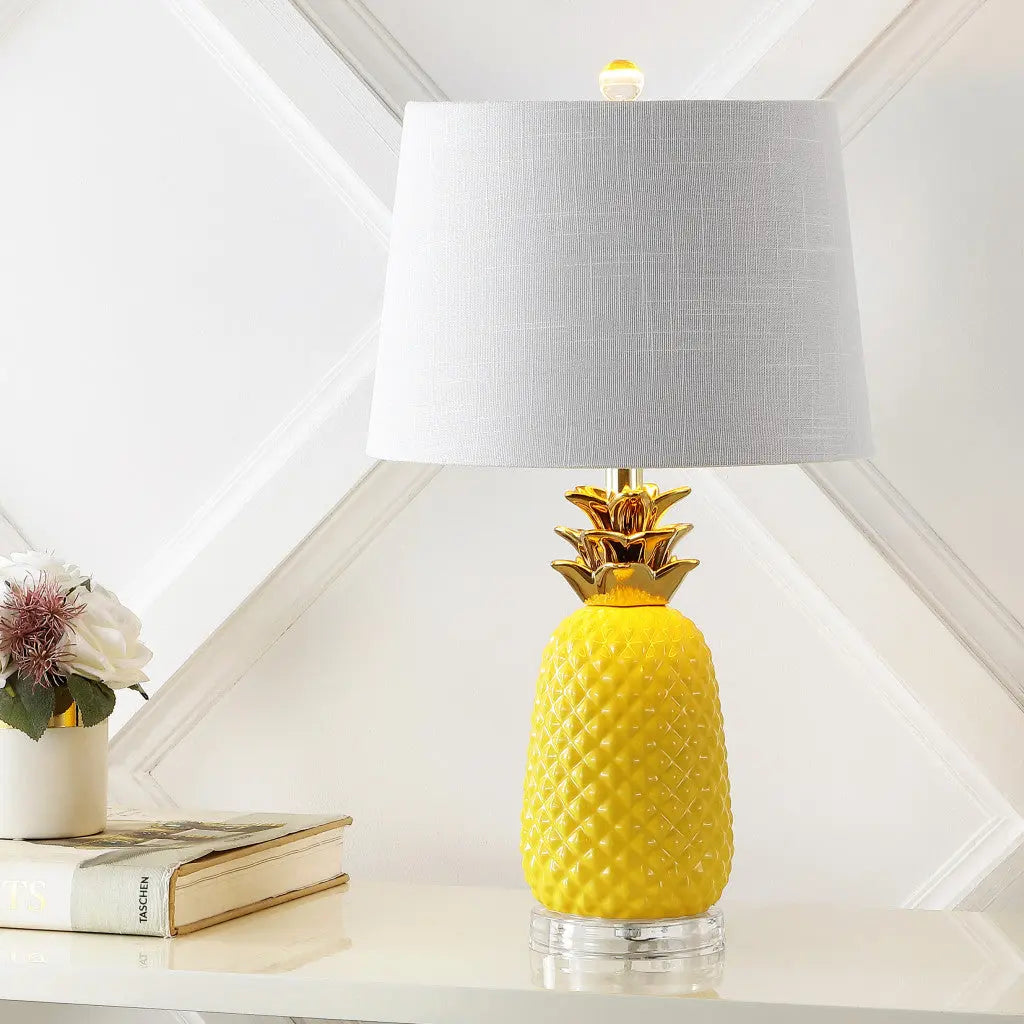 23" Yellow Gold And Clear Ceramic And Acrylic Pineapple Table Lamp With Globe Shade Homeroots Lighting