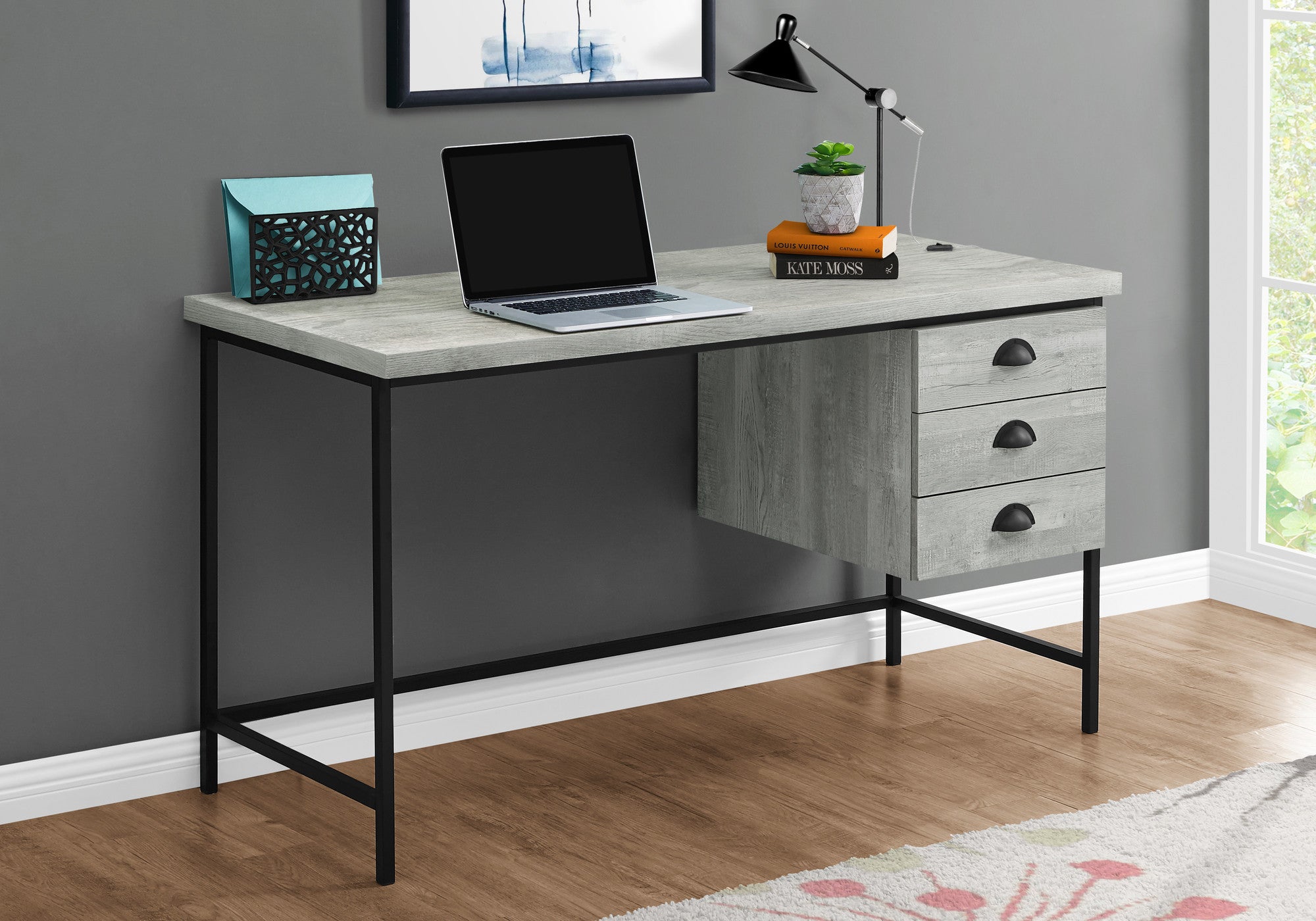 24" Gray and Black Computer Desk With Three Drawers - GreatEagleInc