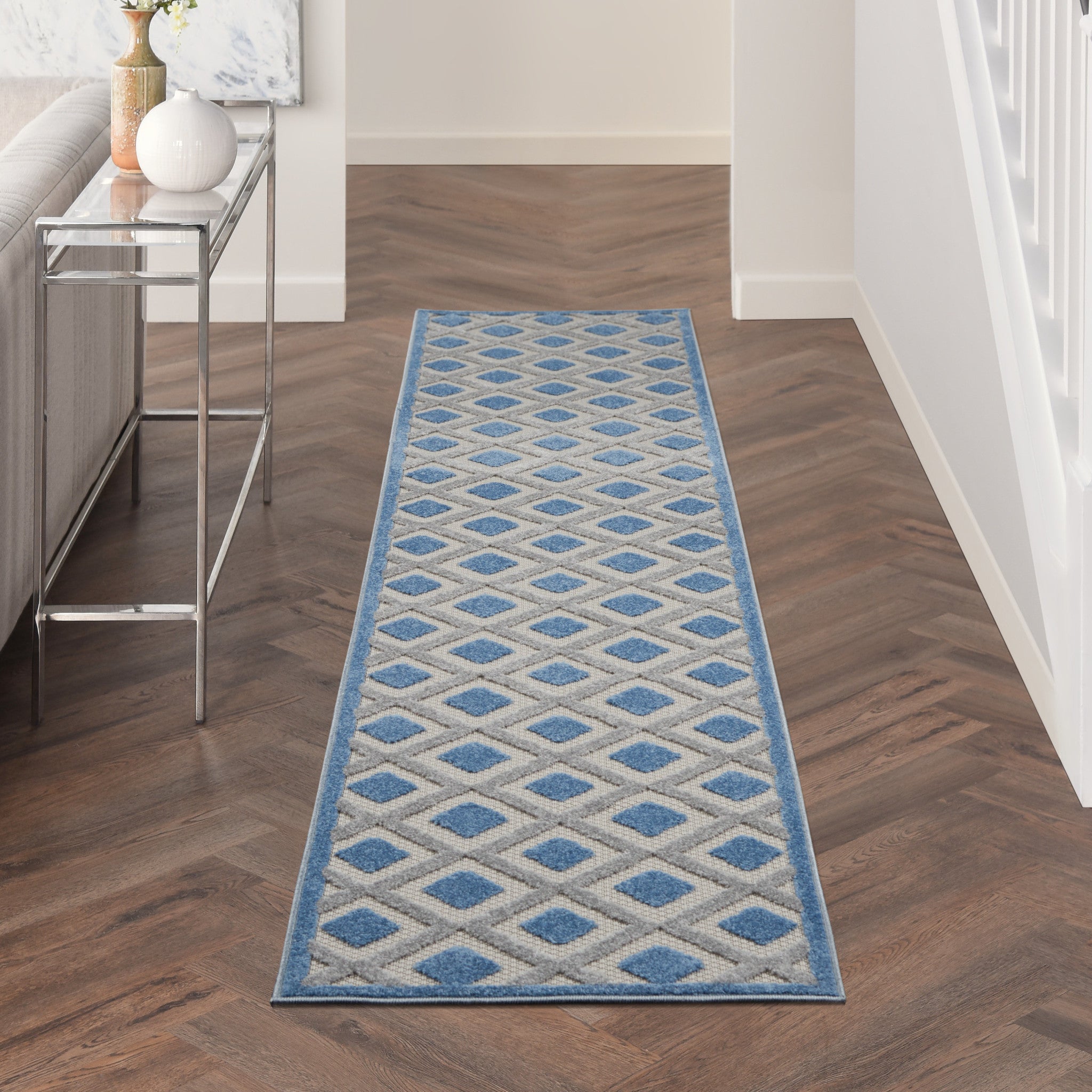 10' Blue And Gray Indoor Outdoor Runner Rug - GreatEagleInc