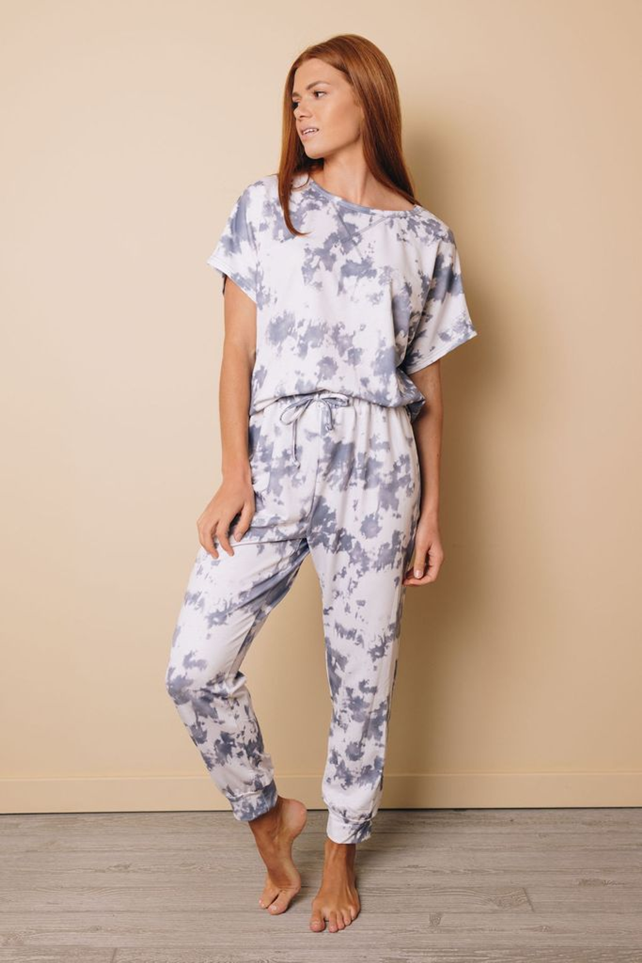 Sadie Tie-dyed Short Sleeve Top and Elastic Waist Pants Set Stay Warm in Style