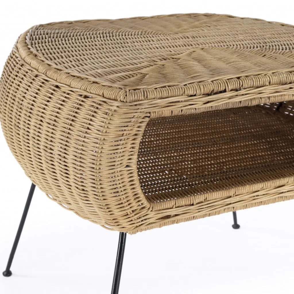 24" Black And Brown Distressed Rattan And Iron Round End Table With Shelf Homeroots Living Room