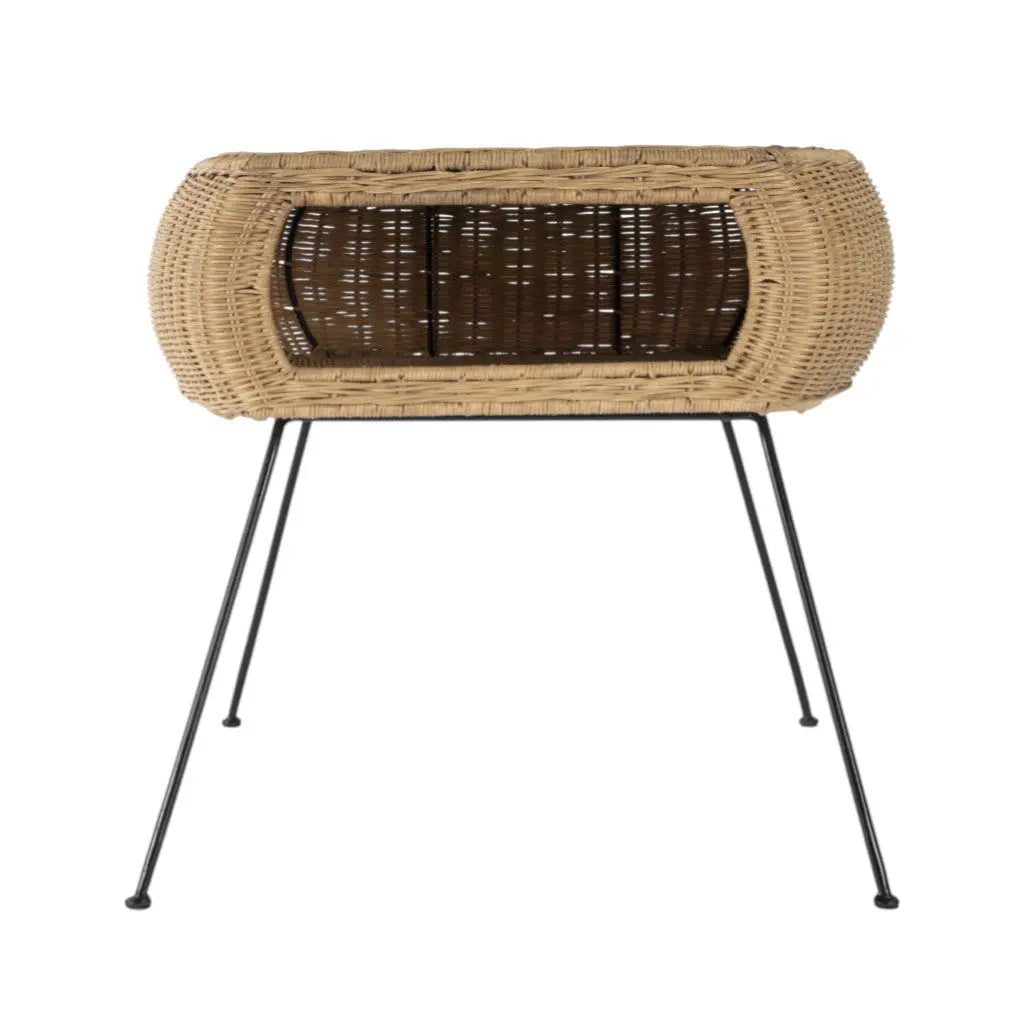 24" Black And Brown Distressed Rattan And Iron Round End Table With Shelf Homeroots Living Room