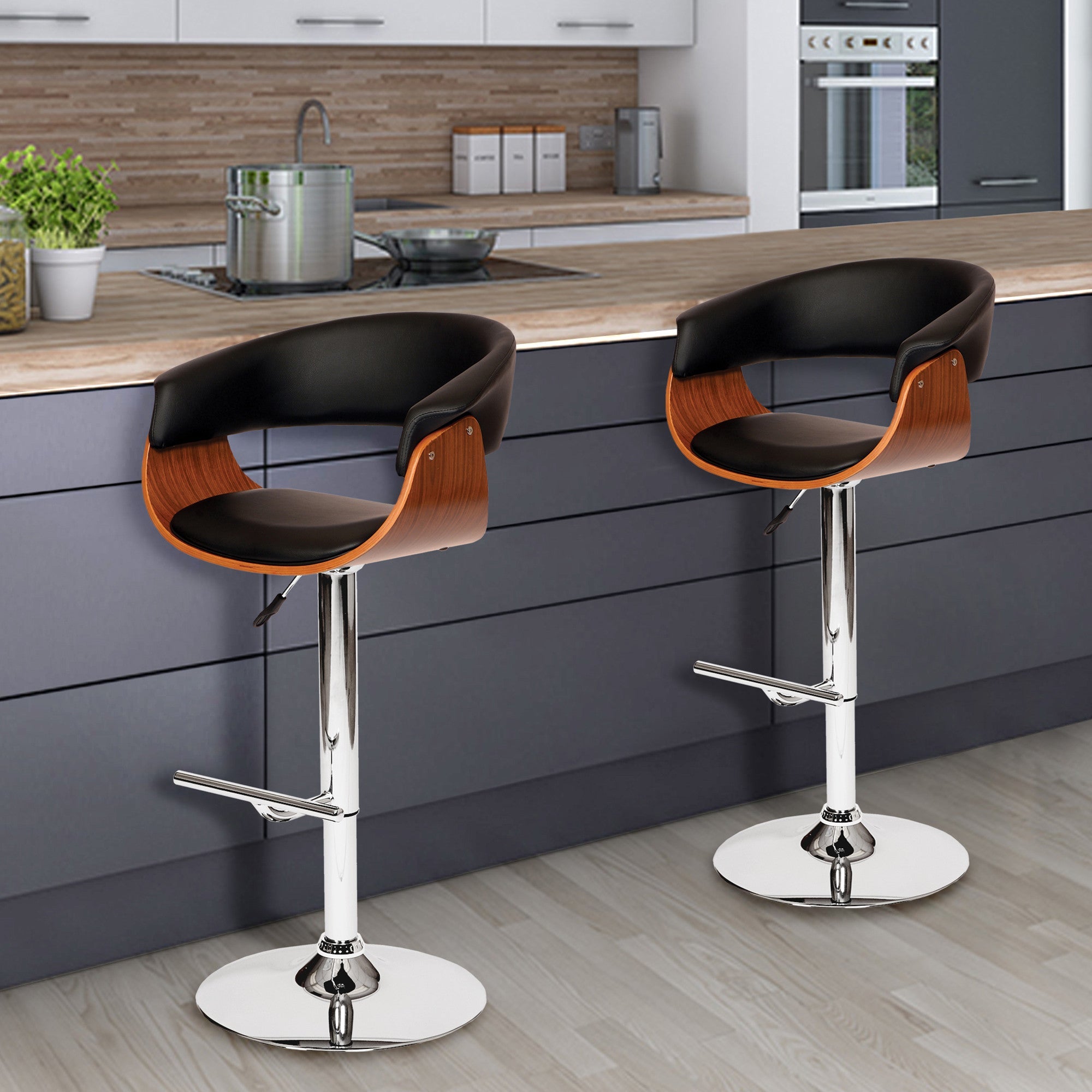 24" Black And Brown Faux Leather And Solid Wood Swivel Low Back Adjustable Height Bar Chair - GreatEagleInc