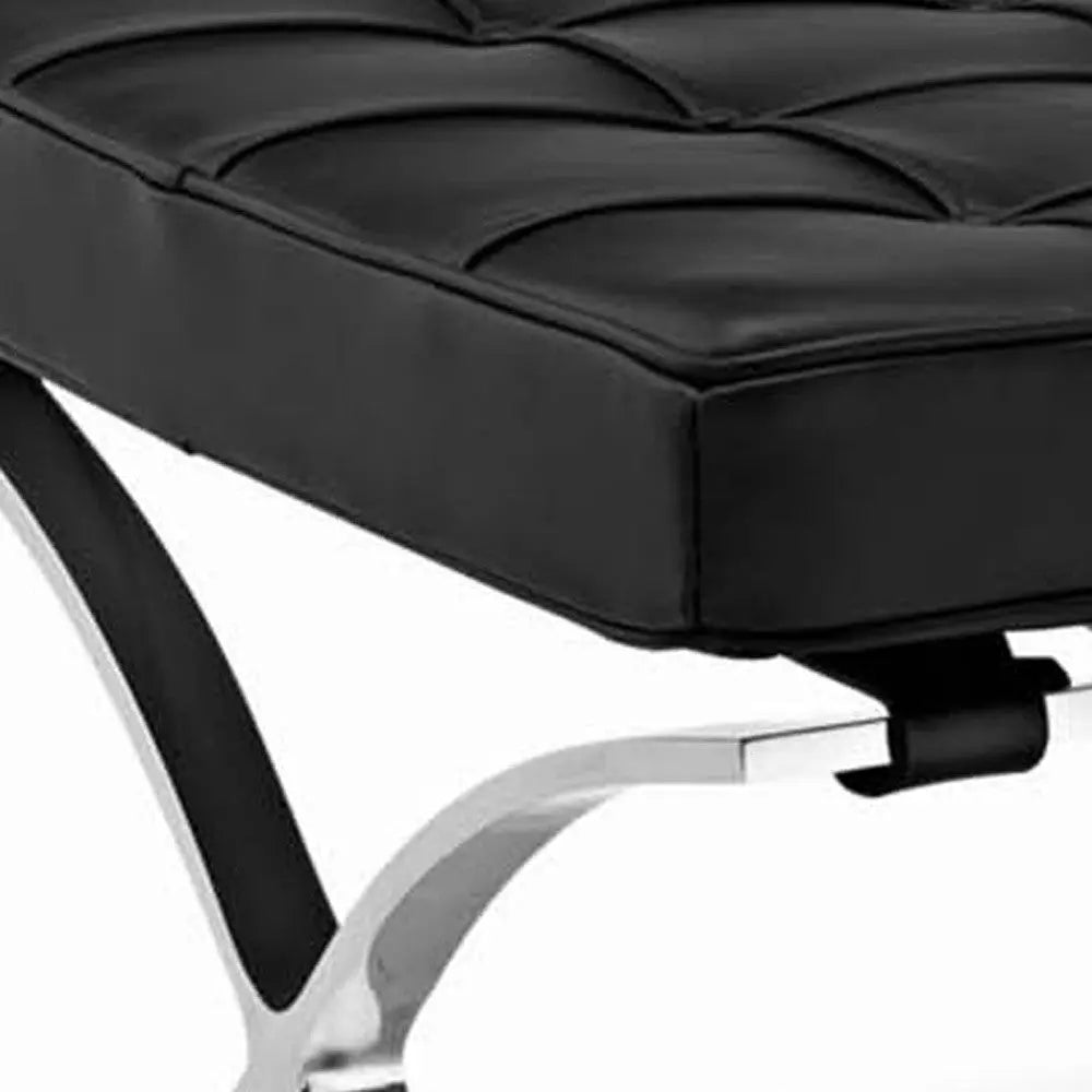 24" Black Genuine Leather and Silver Tufted Footstool Ottoman Homeroots Living Room