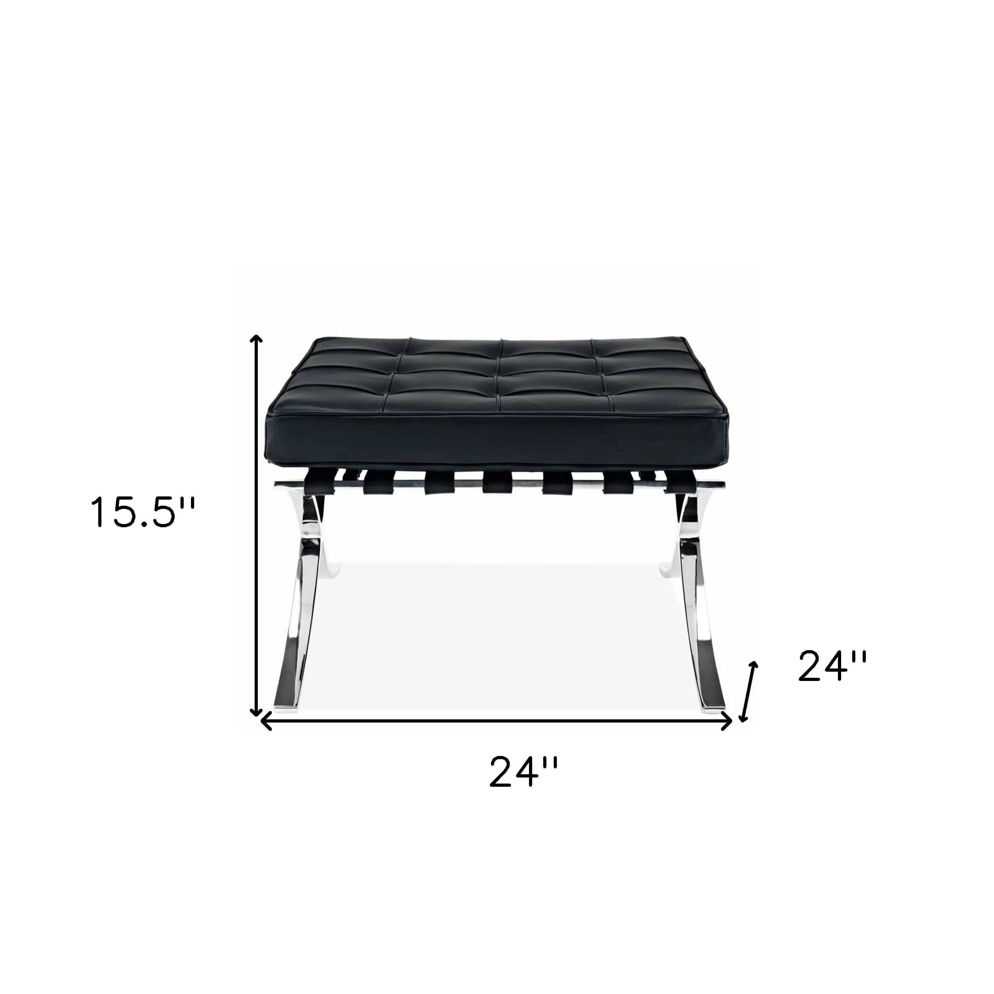 24" Black Genuine Leather and Silver Tufted Footstool Ottoman Homeroots Living Room