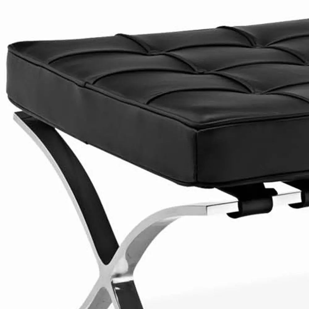 24" Black Genuine Leather and Silver Tufted Footstool Ottoman Homeroots Living Room