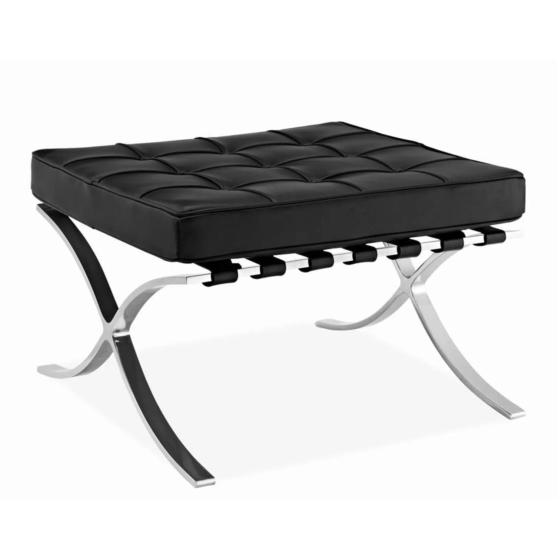 24" Black Genuine Leather and Silver Tufted Footstool Ottoman Homeroots Living Room