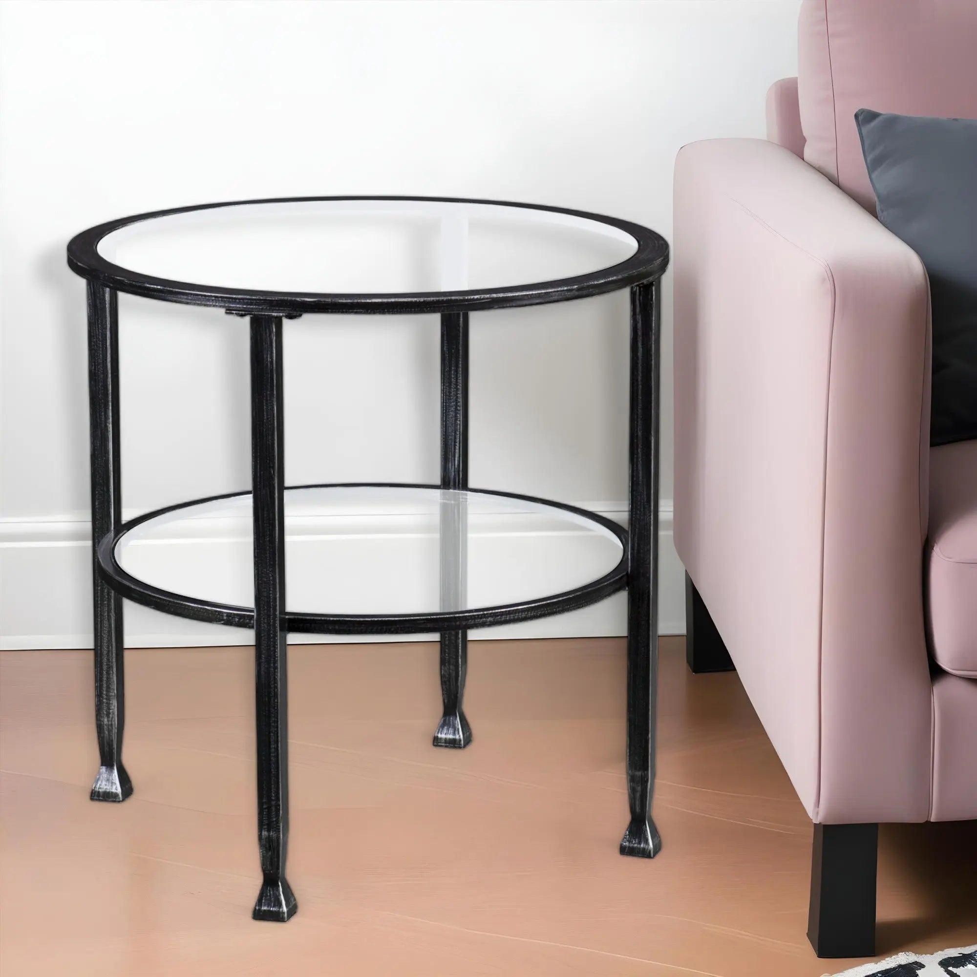 24" Black Glass And Iron Round End Table Homeroots Living Room