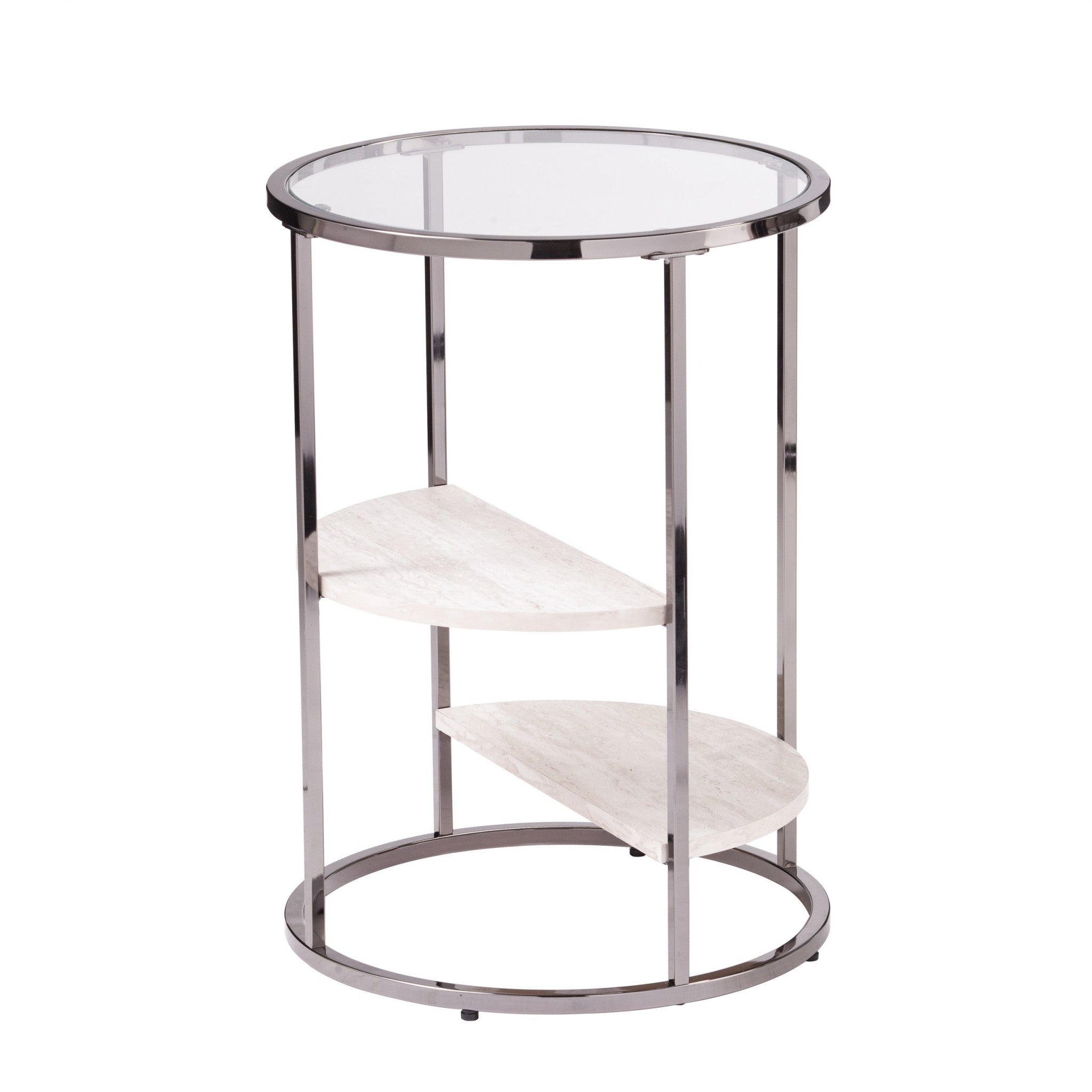 24" Black Metal Glass And Faux Marble Round End Table With Two Shelves Homeroots Living Room